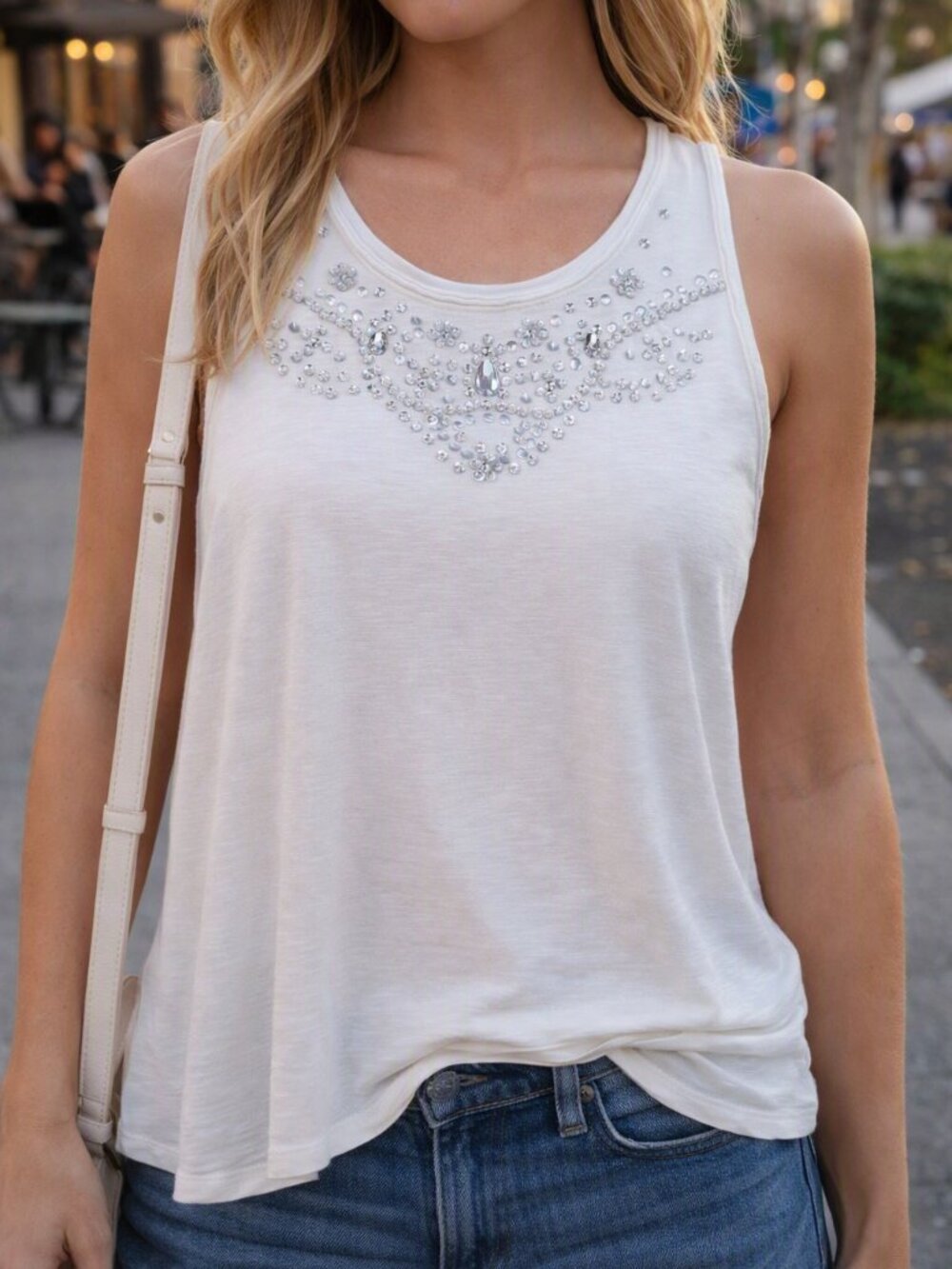 Abercrombie & Fitch White Beaded Racerback Tank Top Mesh Detail Rhinestone Large